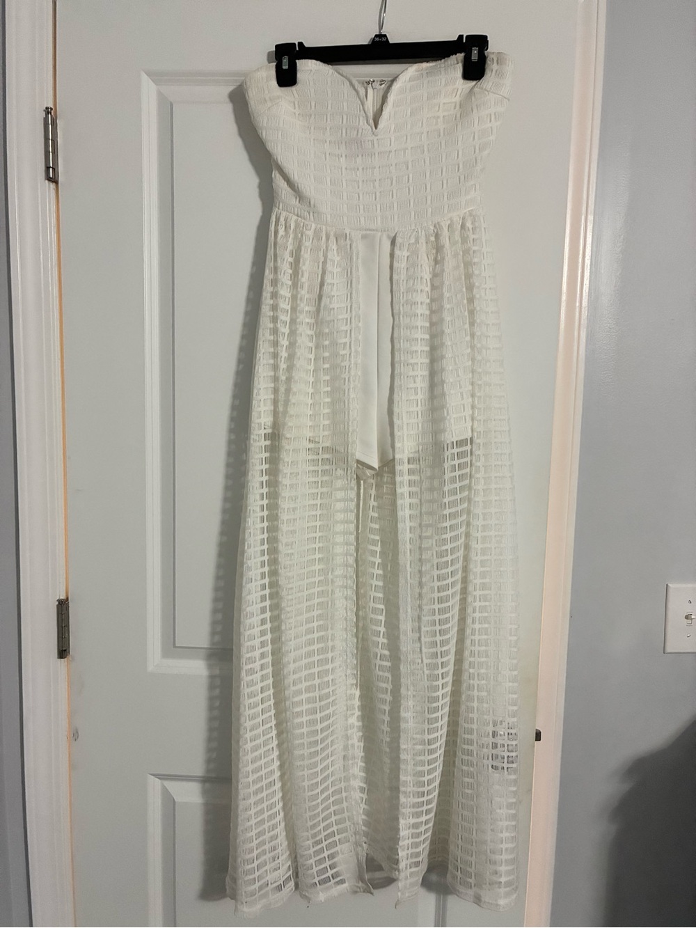 Strapless White Romper with Grid Overlay